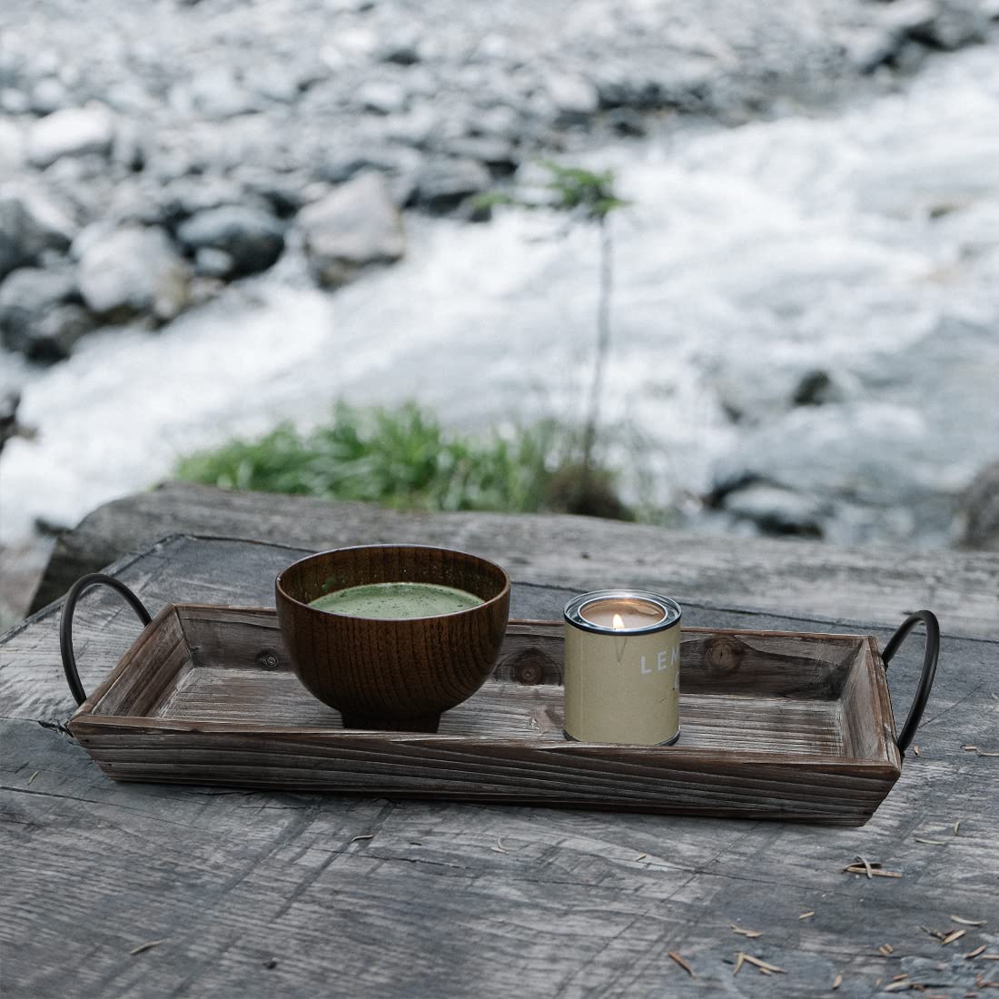 Aglary Wooden Tray Candle Holder with Black Metal Handles, Rectangular Centerpiece for Dining Table. Home Decor Accessories for Coffee Table, Kitchen Counter, Fireplace or Farmhouse.