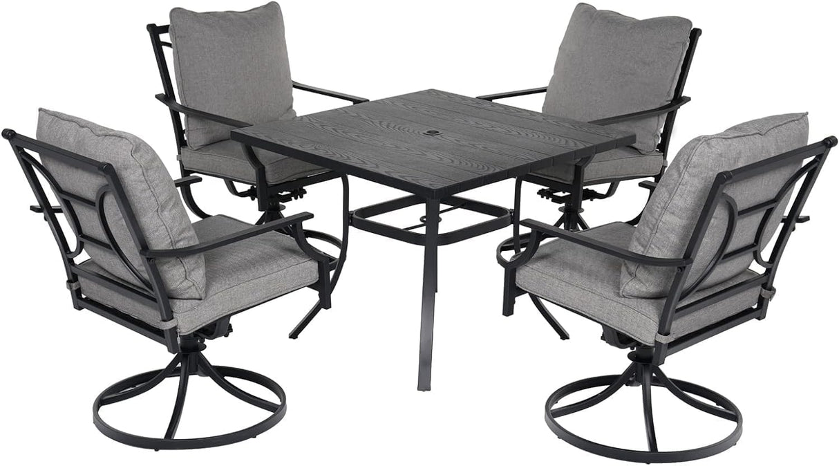 Grand patio 5-Piece Patio Dining Set for 4, E-Coated Outdoor Dining Set Swivel Patio Dining Chairs with Olefin Cushions & 1 Black Square Faux Woodgrain Dining Table with 1.5”Market Umbrella Hole Grand patio