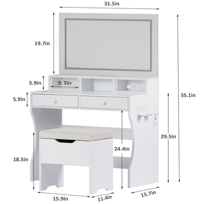 VECELO Vanity Desk with LED Lighted Mirror and Power Outlet, Makeup Table with 4 Drawers and Storage Stool, Adjustable 3 Lighting Modes for Bedroom, Dressing Room, White