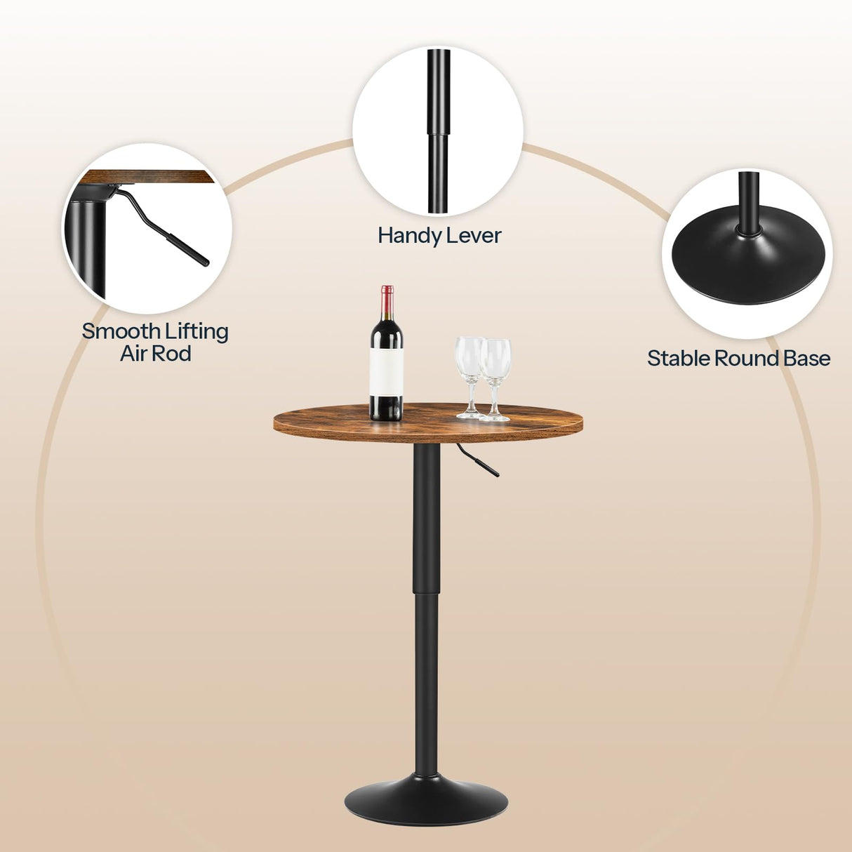 HOOBRO 2 Pcs Bar Table, Height-Adjustable Round Pub Table 27-35.4 Inches with Sturdy Base, Modern Style, Easy to Assemble, Suitable for Small Space, Rustic Brown and Black BF58BTP201G1 HOOBRO