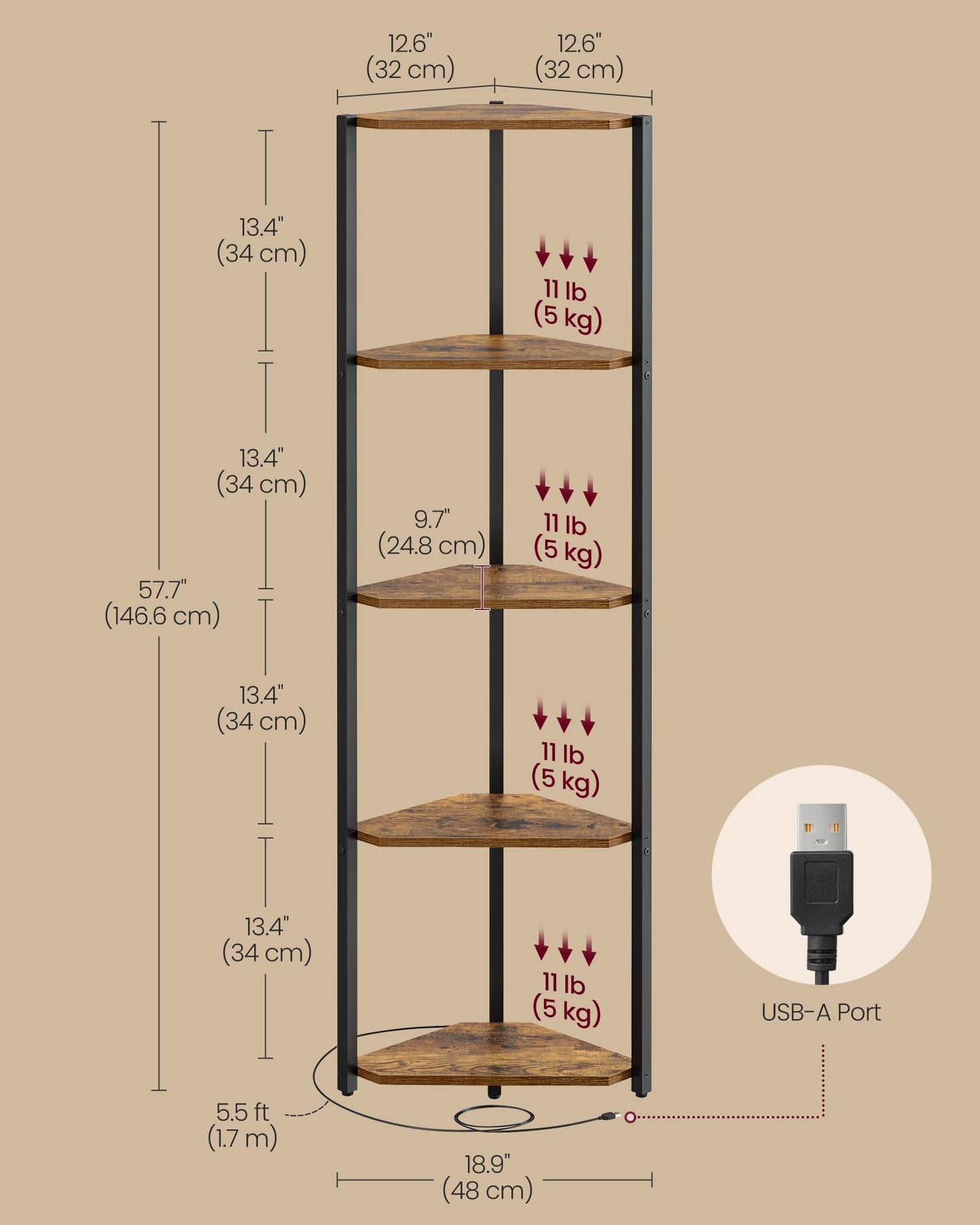 VASAGLE Corner Shelf Stand with LED Lights, 5-Tier Corner Bookshelf, Storage Shelf with Steel Frame, 9.8 x 18.9 x 57.7 Inches, for Living Room, Bedroom, Study, Rustic Brown ULBC590K01