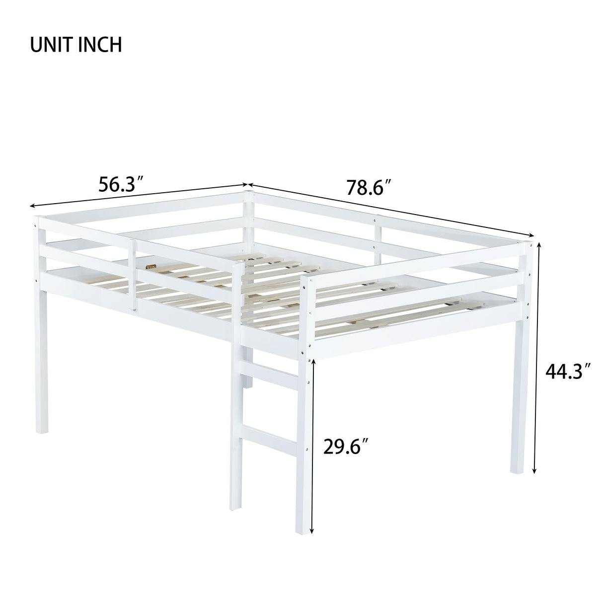 KEIKI Full Loft Bed with Ladder & Guardrails, Low Bed Frame with Storage Space, Rubberwood Loft Bed Frame for Kids Boys Girls Teens, White KEIKI