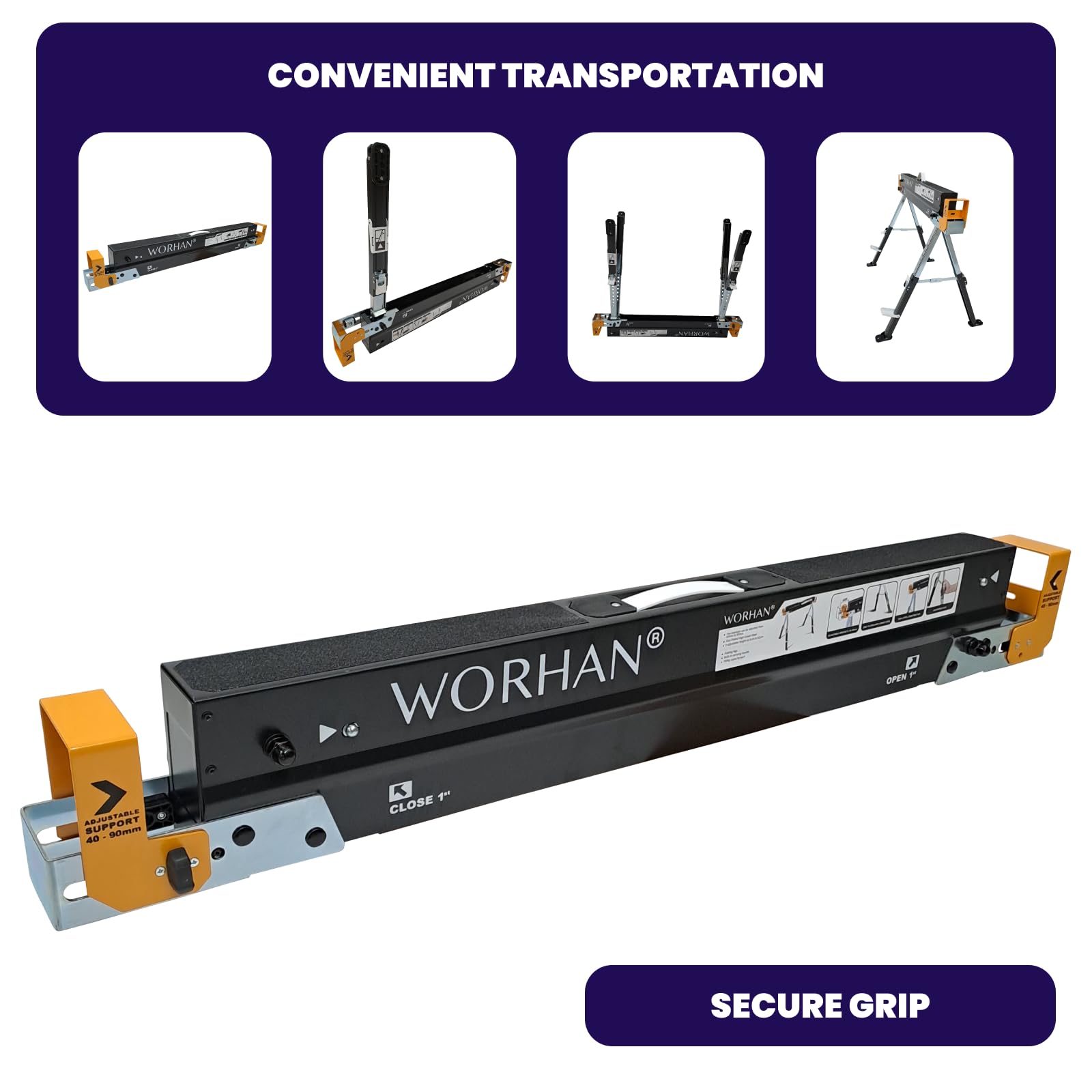 WORHAN Sawhorse Twinpack 2600 lbs Jobsite Table Folding Quickly Adjustable Legs Support Arms Sawing Non Slip Trestle Sawmule Steel Workbench S600A - WoodArtSupply