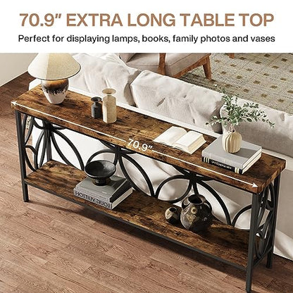 Tribesigns 70.9-Inch Narrow Sofa Table, Industrial Long Sofa Table Behind Couch, Entry Console Table with Storage for Entryway, Living Room, Foyer, Unique Design, Rustic Brown - WoodArtSupply