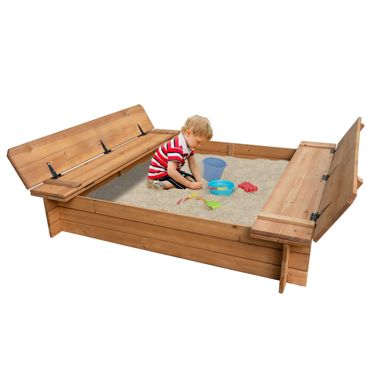 BIRASIL Wood Sandbox with 2 Bench Seats, Sand Boxes with Lid for Kids, Sand Pit with Cover for Outdoor Backyard Patio, 48 Inch BIRASIL