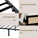 CHABUILDREARK Rattan Bed Frame Queen, Metal Platform Bed with Headboard, Bed Frame Queen Size with Steel Slats Support, No Box Spring Needed, Noise-Free, Easy Assembly, Black CHABUILDREARK