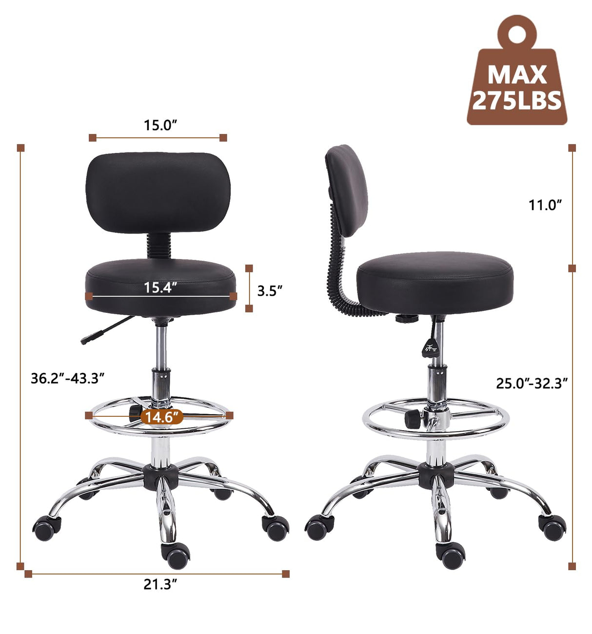 KLASIKA Drafting Chair with Backrest, Adjustable Foot Rest Height Rolling Stool with Wheels, Leather Swivel Work Shop Office Stools Chairs, Thick Seat Cushion Tall Kitchen Home Bar Stool - Black KLASIKA