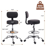 KLASIKA Drafting Chair with Backrest, Adjustable Foot Rest Height Rolling Stool with Wheels, Leather Swivel Work Shop Office Stools Chairs, Thick Seat Cushion Tall Kitchen Home Bar Stool - Black KLASIKA