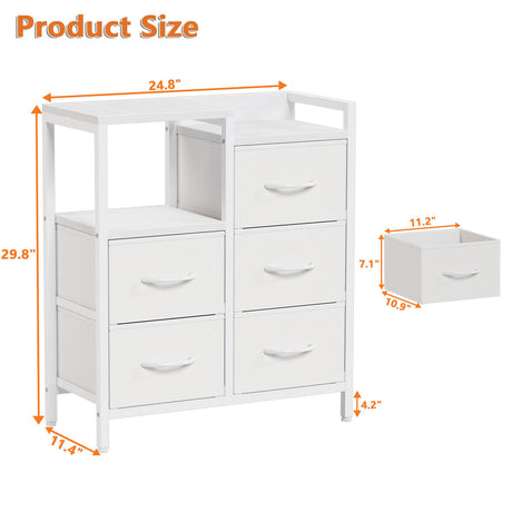 Furnulem 5 Drawer White Dressers for Bedroom Tall 2 Tier Shelf Storage Small Fabric Dresser for Closet Sturdy Metal Frame Modern Dresser Bedroom Dresser with Drawers for Hallway Rooms Furnulem