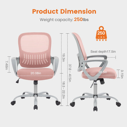 Sweetcrispy Office Computer Desk Managerial Executive Chair, Ergonomic Mid-Back Mesh Rolling Work Swivel Chairs with Wheels, Comfortable Lumbar Support, Comfy Arms for Home,Bedroom,Study,Student,Pink