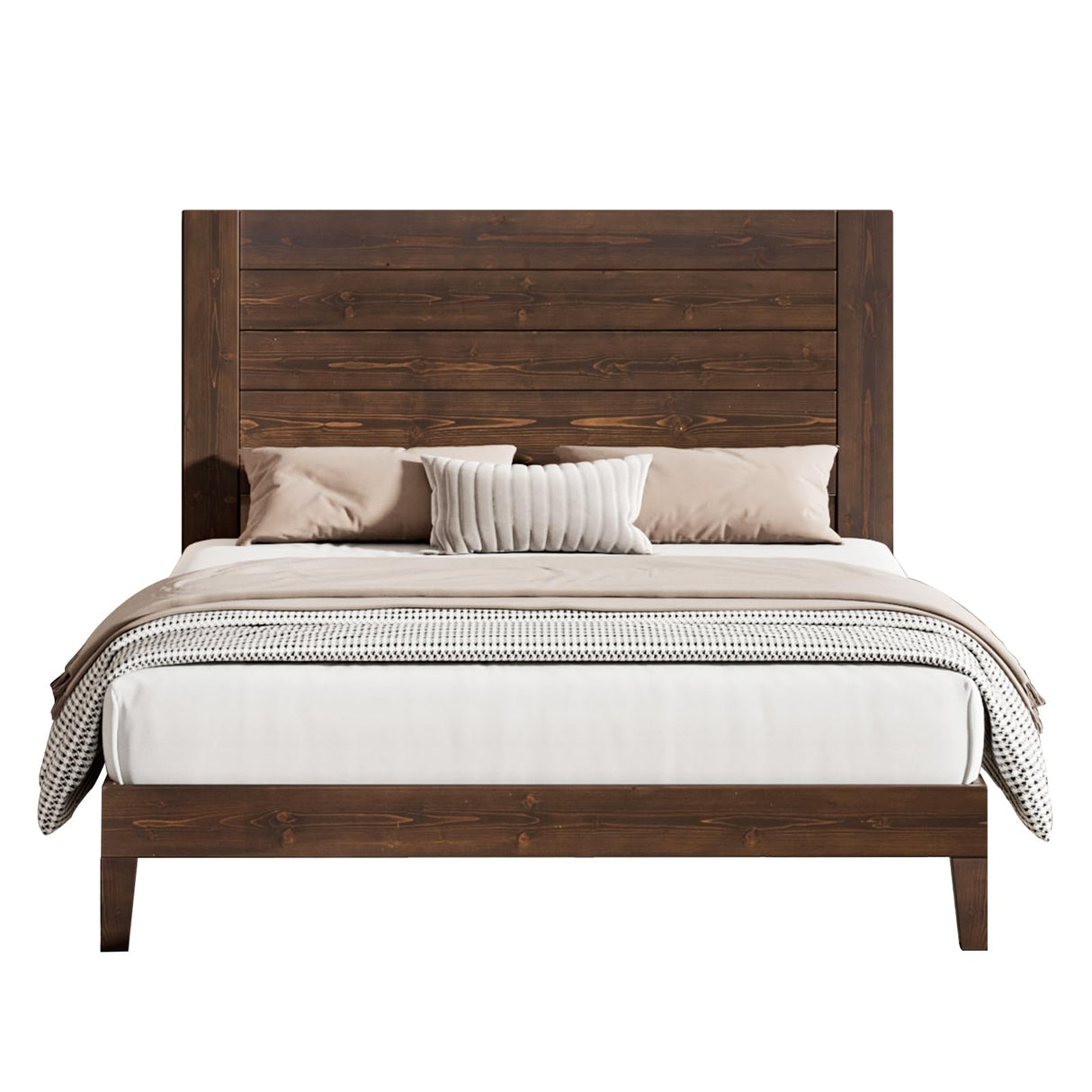 LUXOAK Solid Wood Bed Frame with High Headboard, Full Size Platform Bed Frame with Wood Slats/No Box Spring Needed/Noise-Free, Brown Black LUXOAK