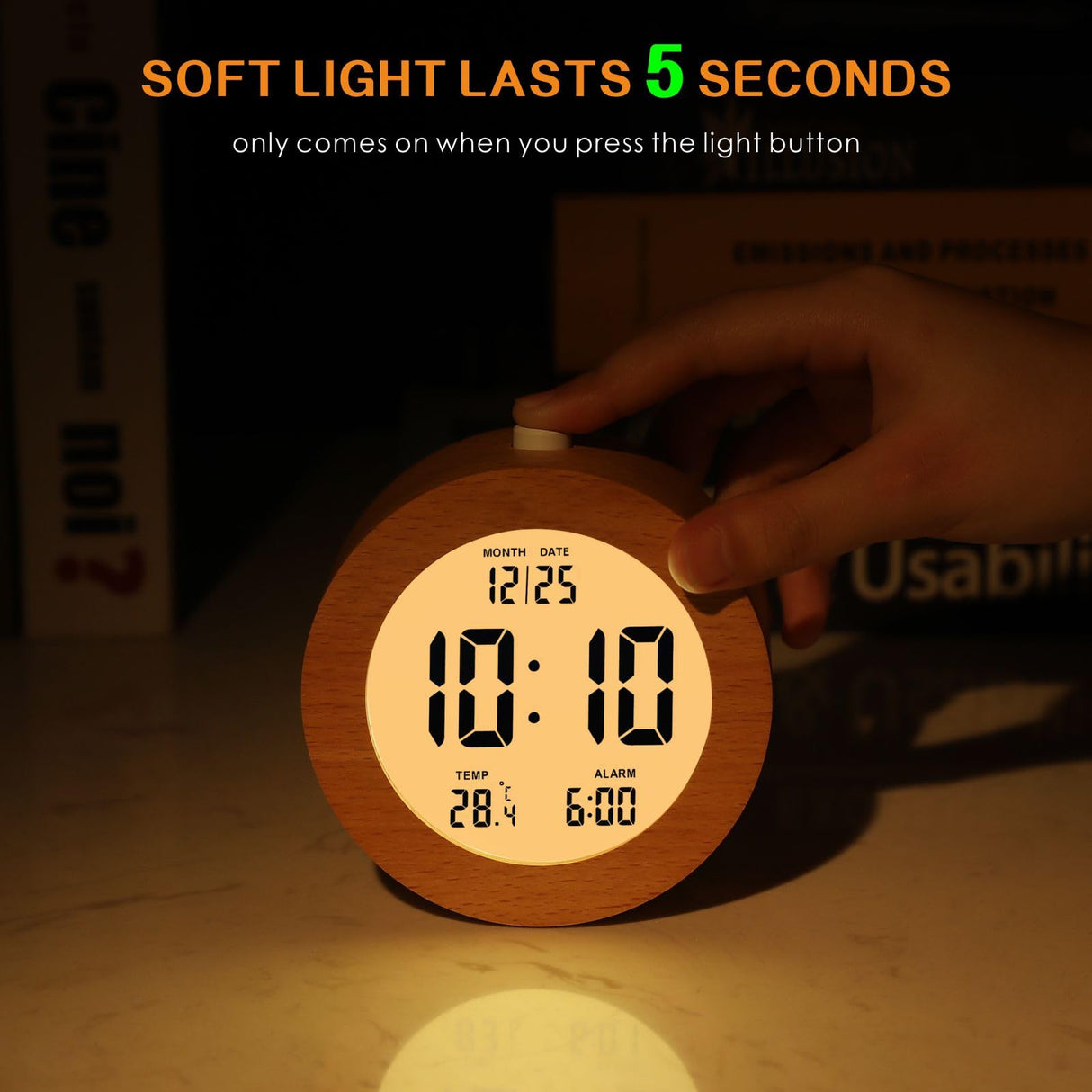 Plumeet Wooden Digital Alarm Clock for Bedrooms, Wood 4'' Battery Powered Alarm Clock with Snooze and Nightlight, Electronic LCD Desk Clock Display Time, Date, Temp, 12/24H, Wood Décor, Round, Brown Plumeet