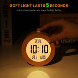 Plumeet Wooden Digital Alarm Clock for Bedrooms, Wood 4'' Battery Powered Alarm Clock with Snooze and Nightlight, Electronic LCD Desk Clock Display Time, Date, Temp, 12/24H, Wood Décor, Round, Brown Plumeet
