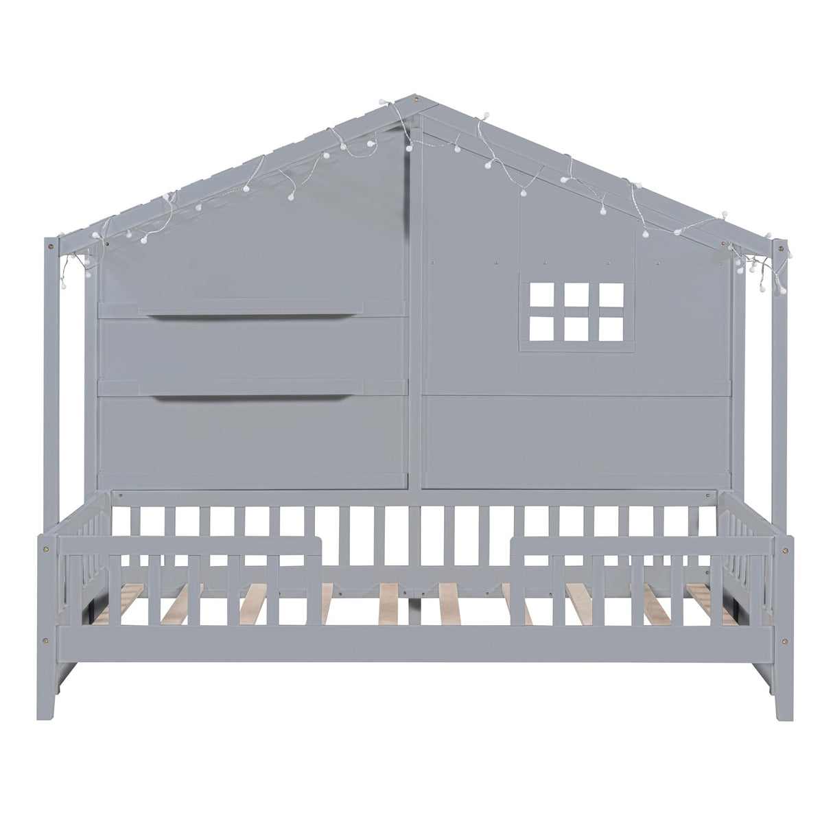 SOFTSEA Twin Size Low House Loft Bed with Shelves and Sparkling Light Stripe SOFTSEA