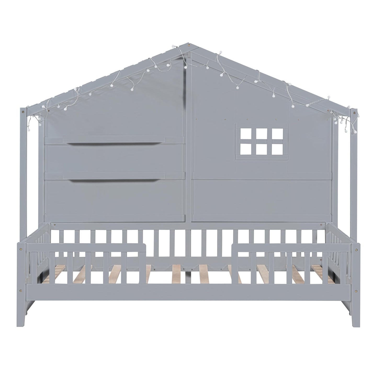 SOFTSEA Twin Size Low House Loft Bed with Shelves and Sparkling Light Stripe - WoodArtSupply