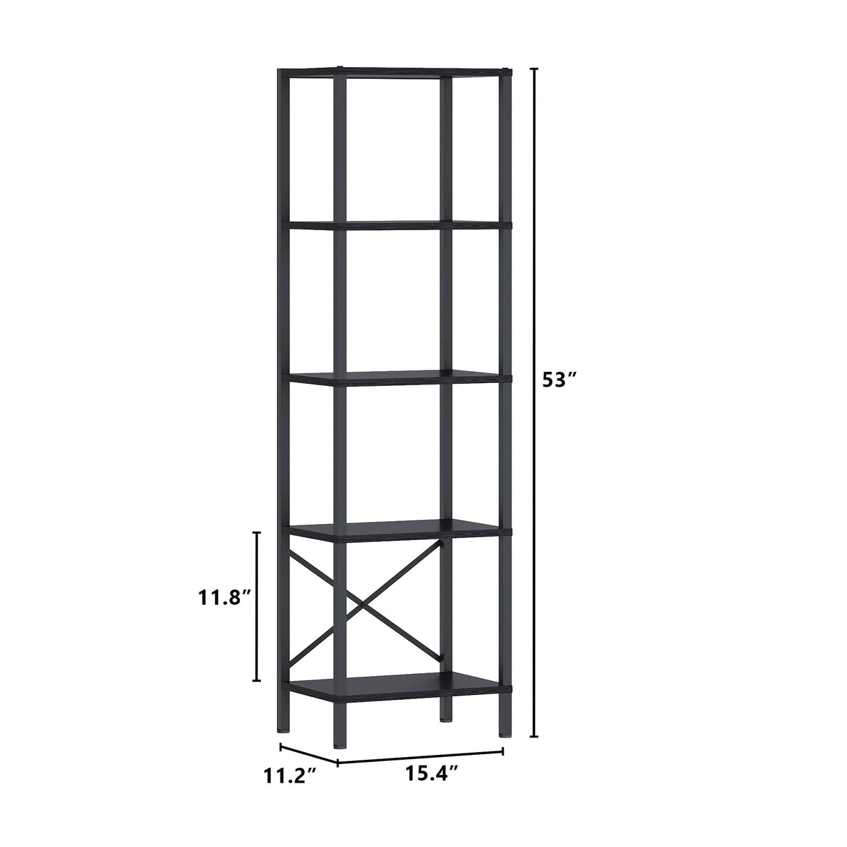JARHETUN 5-Tier Bookshelf, Tall Narrow Bookcase with LED Lights, Book Shelf with Steel Frame, Display Storage Shelf for Living Room, Bedroom, Home Office, Study, Balcony, Black JARHETUN