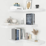 SAUMONIERES Corner Floating Shelves Wall Mount Shelf Solid Wood for Bedroom Bathroom Room Kitchen Storage Set of 3, White, Invisible Brackets SAUMONIERES