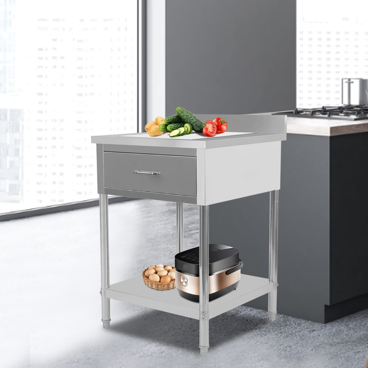 Shikiy Stainless Steel Worktable, 24"x24" Commercial Kitchen Prep & Work Table 2 Layer Heavy Duty Metal Work Table with Adjustable Feet Work Prep Table with Drawer for Kitchen Restaurants Homes Hotels Shikiy