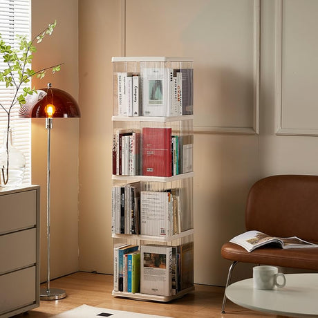 Compact 360-Degree Rotating Bookshelf for Small Spaces - SYNCVIBE 4-Tier Floor Standing Bookcase in White SYNCVIBE