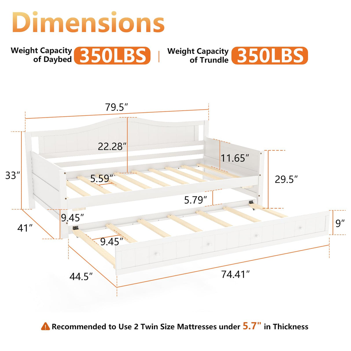 Sweetcrispy Twin Size Day Bed Frame with Trundle, Integrated Headboard & Armrests, Space-Saving Trundle Bed for Living Room, Bedroom, Guest Room, Sturdy Wood Construction for Adults and Kids, White Sweetcrispy