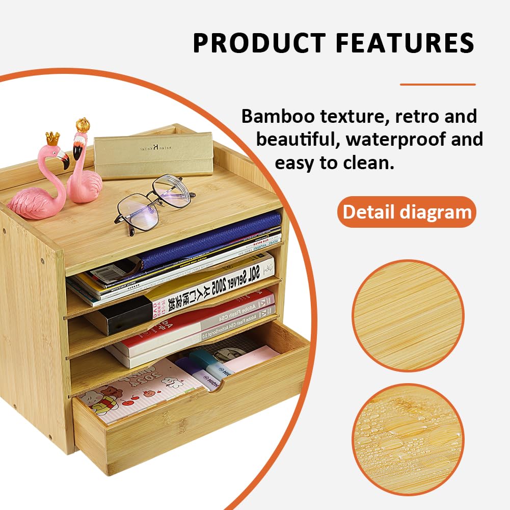 KKTONER 5-Tier Bamboo Desk Organizer with Drawer Tabletop File Organizer Document Holder with Shelf Desktop Cabinet for Home Office School Supplies (Natural) KKTONER