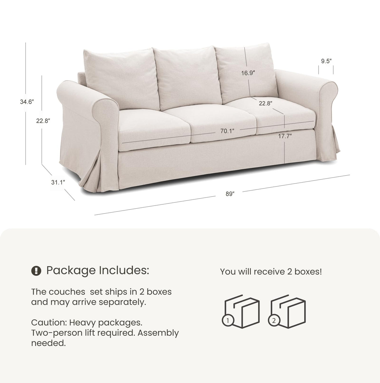Vorthio 89" 3-Seater Couch for Living Room, Slipcovered Sofa, Recliner Couches with Washable Cover, Supportive Cushions & Sturdy Frame, for Small Spaces, Apartment, Office, Easy Assembly Vorthio
