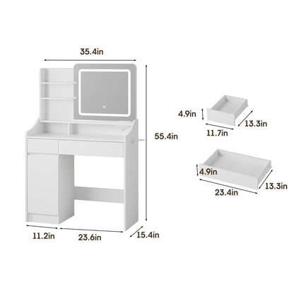 Vabches Makeup Vanity Desk with Mirror and Lights, White Vanity Table with Lighted Mirror & Power Outlet, Makeup Desk with 2 Drawers and Cabinet, for Bedroom