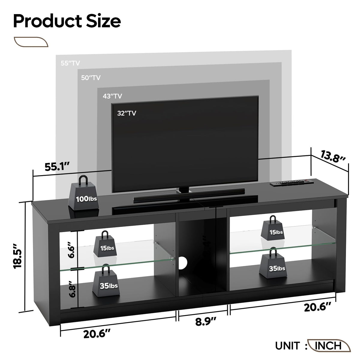 Bestier LED TV Stand for 55/60/65 Inch TV, High Gloss Gaming TV Stand with Power Outlet, Black Entertainment Center with Storage for Living Room, Bedroom, 55 Inch TV Console with Adjustable Shelves Bestier