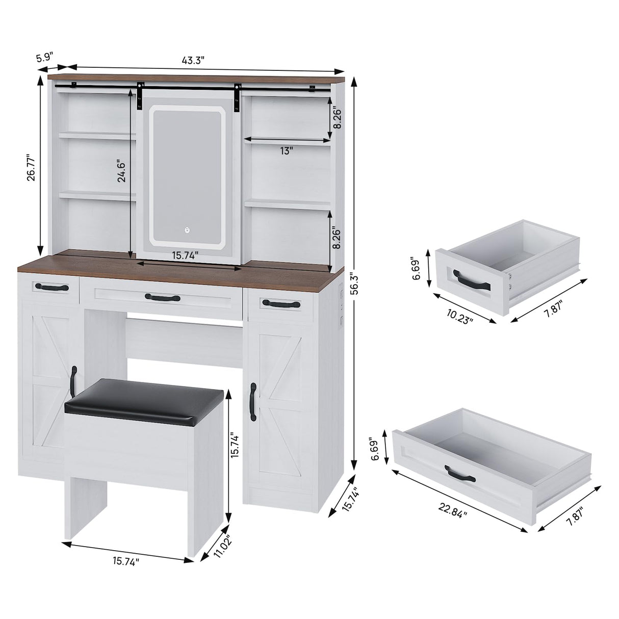 43" Farmhouse Makeup Vanity Desk with Lights and Chair, Vanity Table with Sliding Mirror and Power Strips, 3 Drawers & 2 Cabinets, Open & Hidden Shelves, Stool Included, White Dressing Table amzzar