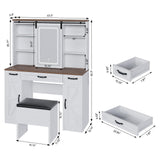 43" Farmhouse Makeup Vanity Desk with Lights and Chair, Vanity Table with Sliding Mirror and Power Strips, 3 Drawers & 2 Cabinets, Open & Hidden Shelves, Stool Included, White Dressing Table amzzar