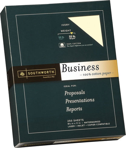 Southworth® 100% Cotton Business Paper, 8 1/2" x 11", 32 Lb, Ivory, Box of 250