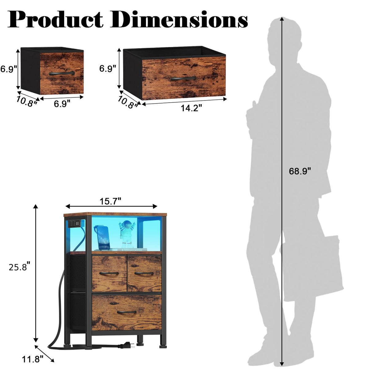 Furnulem Led Nightstand with Charging Station, Bedside Table with 3 Fabric Drawers and Storage Shelf, End Table with USB Ports and Outlets, Small Night Stand for Bedroom, Rustic Brown Furnulem