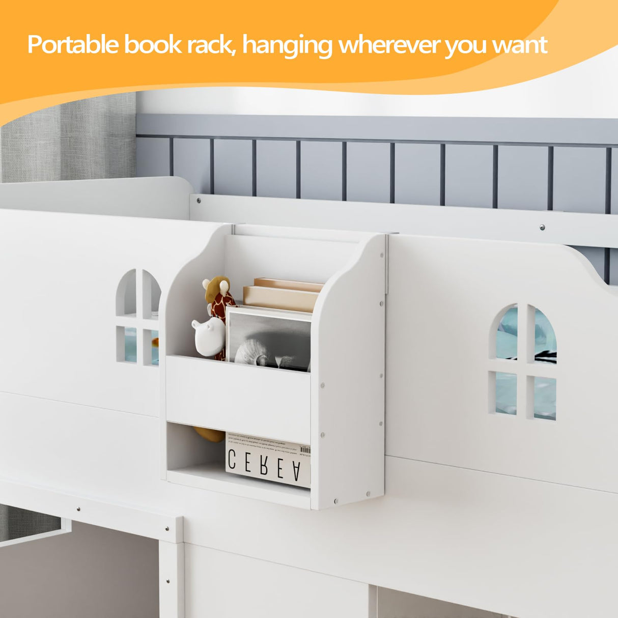 JOYMOR Loft Bed Twin Size with Led Light, Low Loft Bed with Storage Drawer, Modern Farmhouse Design with Castle Guardrail and Window, Book Rack, Smart APP Control, No Box Spring Needed (White) JOYMOR