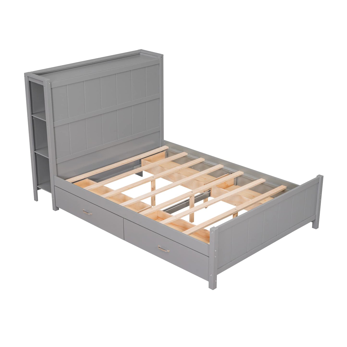 Harper & Bright Designs Full Size Bed with Bookcase Headboard and 4 Storage Drawers, Solid Wood Platform Bed Frame with Slat, No Box Spring Needed,