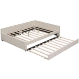 Brisca Queen Linen Upholstered Platform USB Ports and Twin Size Trundle,Modern Wooden Bed Frame w/Wood Slats Support,No Box Spring Required,for Dormitory,Apartment,Beige Brisca