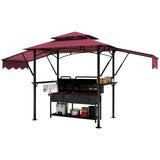 5 * 8FT Outdoor BBQ Grill Patio Canopy with Extra Shadow&Dual Side Awnings, Double Tiered BBQ Gazebo with 2 Side Shelves, Heavy-Duty Steel Frame, LED Light,fit for Barbecue and Picnic (Claret) Knowfunn