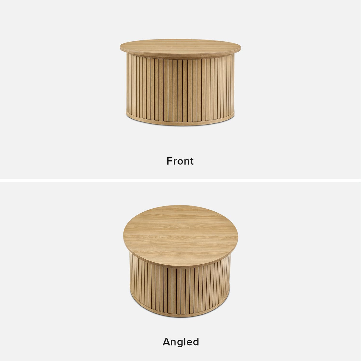 mopio Quin Tambour Round Circle Coffee Table with Storage, Drum Accent, Mid Century Modern, Wood, Fluted Center, Tea Table with Removable Lid, Living Room (Light Oak) mopio