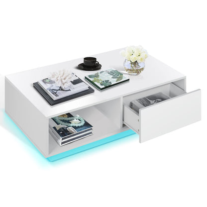 HOMMPA Led Coffee Table for Living Room White Coffee Table Modern Led Center Table with 2 Drawers Storage High Gloss Tabletop and Small Cocktail Table with Led Lights - WoodArtSupply