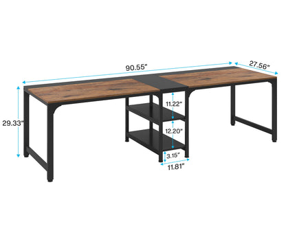 Tribesigns 90.55'' 2 Person Desk with Storage Shelves, Double Computer Desk with Spacious Desktop, Extra Long Study Writing Table Workstation for Home Office (Black & Brown) - WoodArtSupply