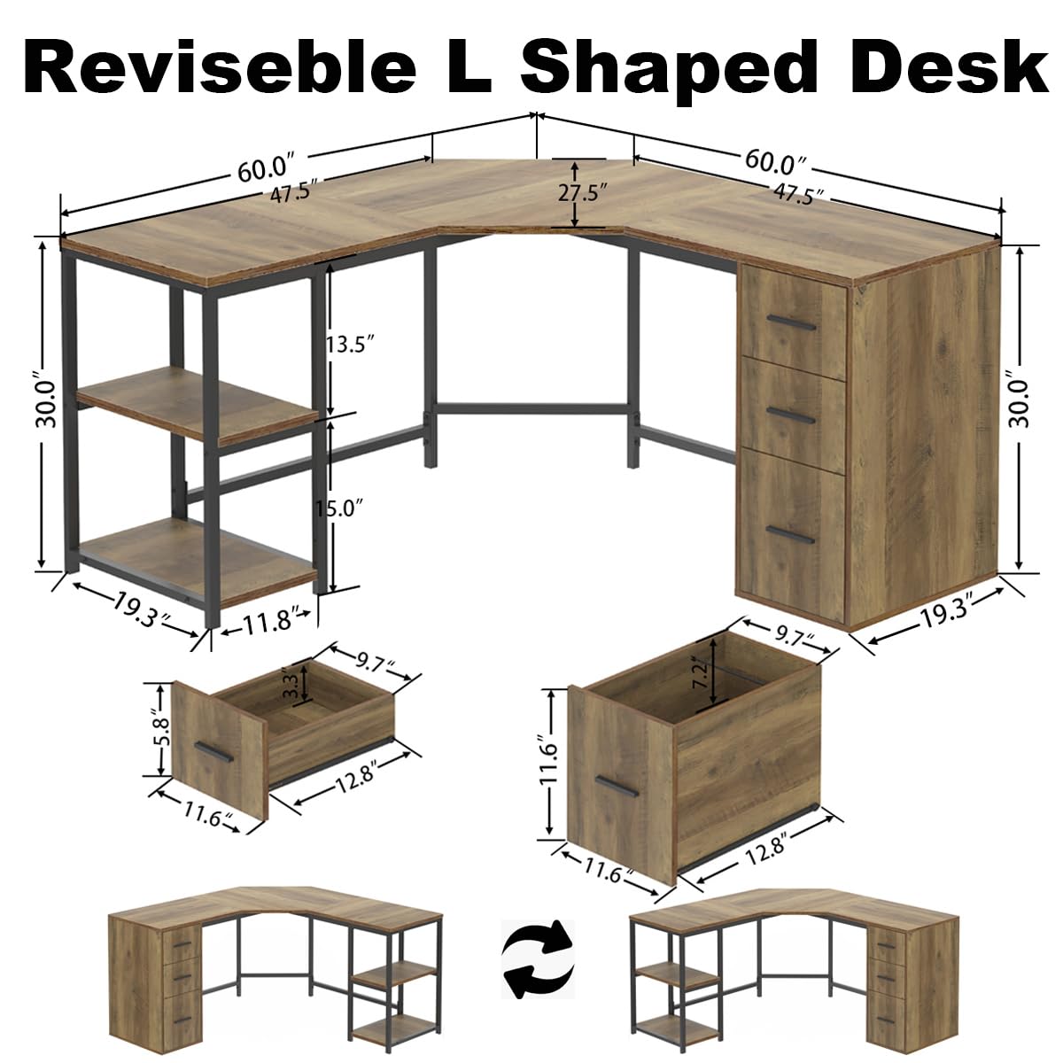 LVB Rustic L Shape Computer Desk with File Cabinet, Reversible Corner L-Shaped Desk with Drawers Storage Shelf, Modern Large Wood L Shaped Work Study Writing Gaming Desk Table for Home Office - WoodArtSupply