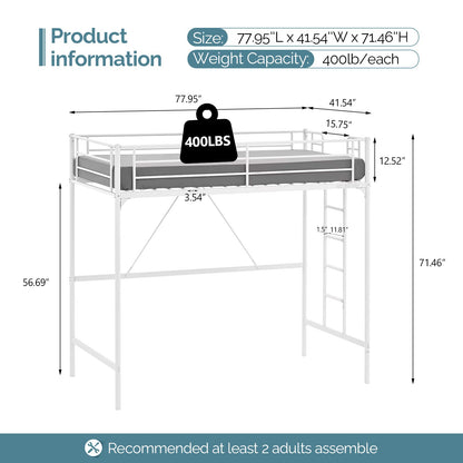 VINGLI Loft Bed Twin for Kids Loft Bunk Bed Frame with Stairs/Flat Ladder Rung,Metal Single Loft for Adults, No Box Spring Required, White