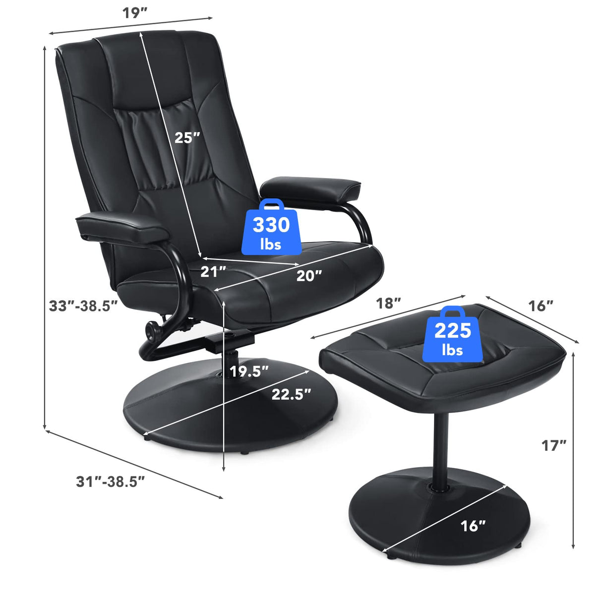 Giantex Recliner Chair with Ottoman, 360° Swivel Leather Reclining Chair with Stable Steel Base, Soft Sponge Padding, Modern Classic Leisure Chaise Lounge Chair for Living Room, Office, Home (Black) Giantex