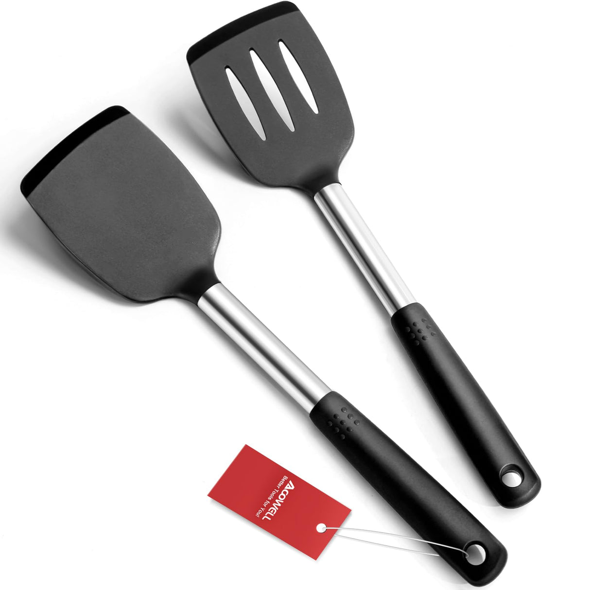 Silicone Spatula Turner Set, Premium Spatulas Silicone Heat Resistant Pack of 2 Kitchen Spatula for Nonstick Cookware, Solid & Slotted Rubber Spatula for Fish, Eggs, Pancakes, Wok, Cooking Utensils AcoWELL
