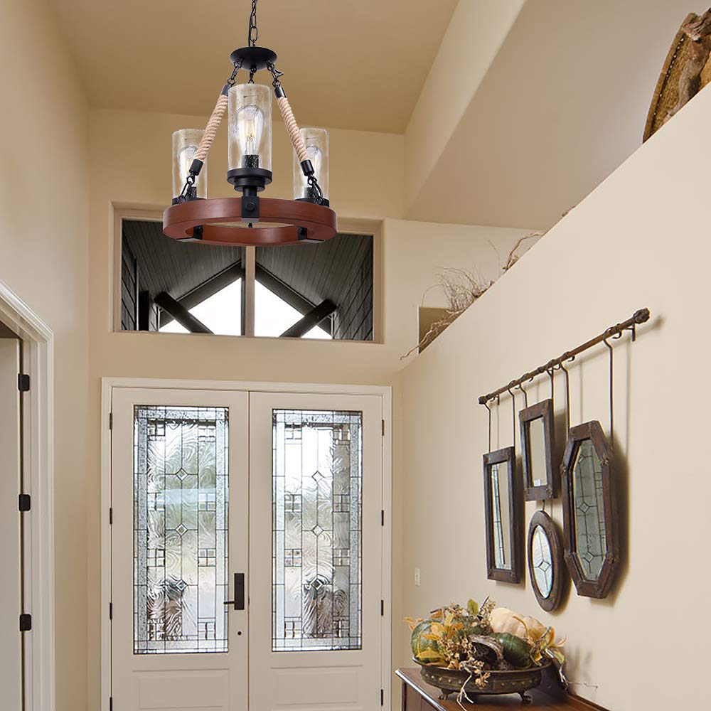 Wellmet Farmhouse Chandelier, Wood Wagon Wheel Chandelier with Seeded Glass Shade, Hanging Rustic Round 3 Lights Ceiling Pendant Lighting Fixture for Dining Room, Living Room,Foyer, Kitchen Island