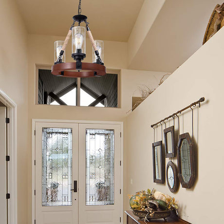 Wellmet Farmhouse Chandelier, Wood Wagon Wheel Chandelier with Seeded Glass Shade, Hanging Rustic Round 3 Lights Ceiling Pendant Lighting Fixture for Dining Room, Living Room,Foyer, Kitchen Island Wellmet