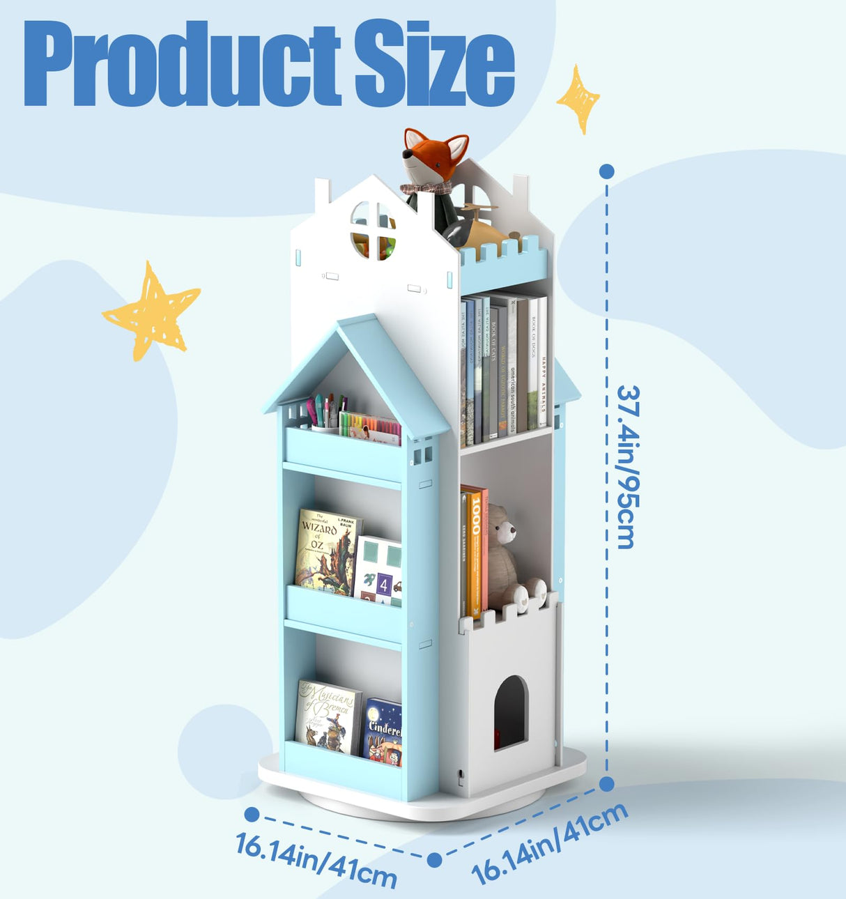 Suuiwau 360° Rotating Bookshelf Kids,Blue Revolving Bookcase 3-Tier Spinning Dollhouse Bookshelf Floor Standing Book Storage Organizer for Children's Room Suuiwau