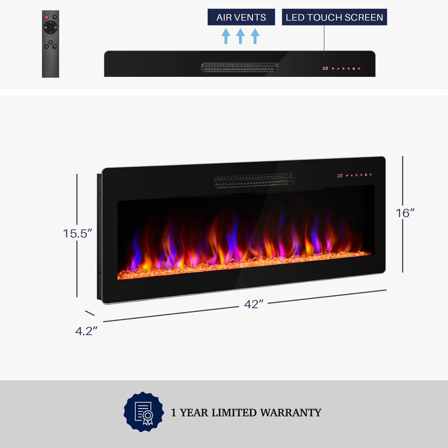 BELLEZE 42" Electric Fireplace Heater, 1400 W Recessed & Wall Mounted Electric Fireplace with Remote Control, Heater with Adjustable Flame Color and Brightness, Timer, Touch Screen