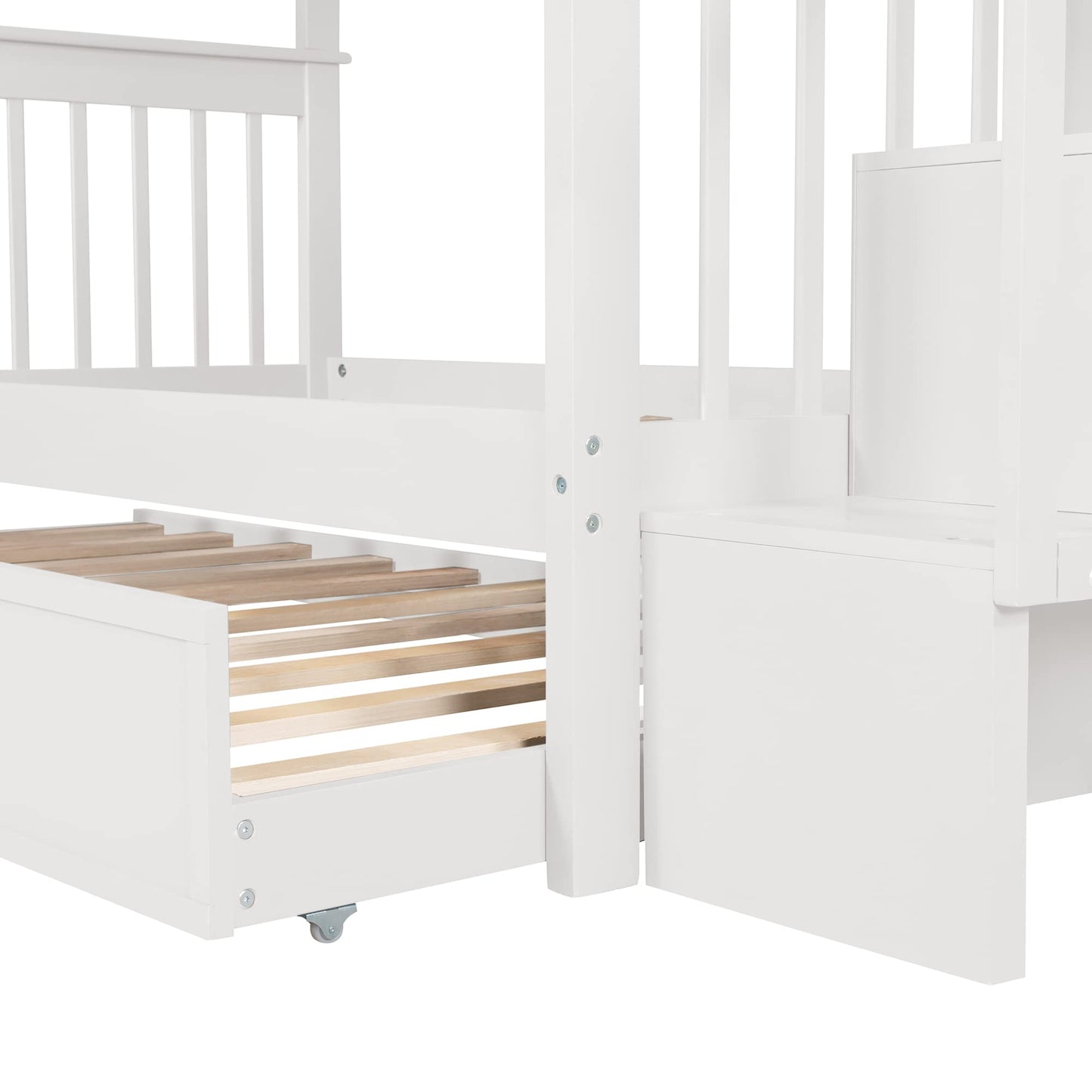 Harper & Bright Designs Twin Over Twin Bunk Bed with Stairs and Trundle, Solid Wood Stairway Bunk Bed Frame with Storage, for Kids Teens Adults – White