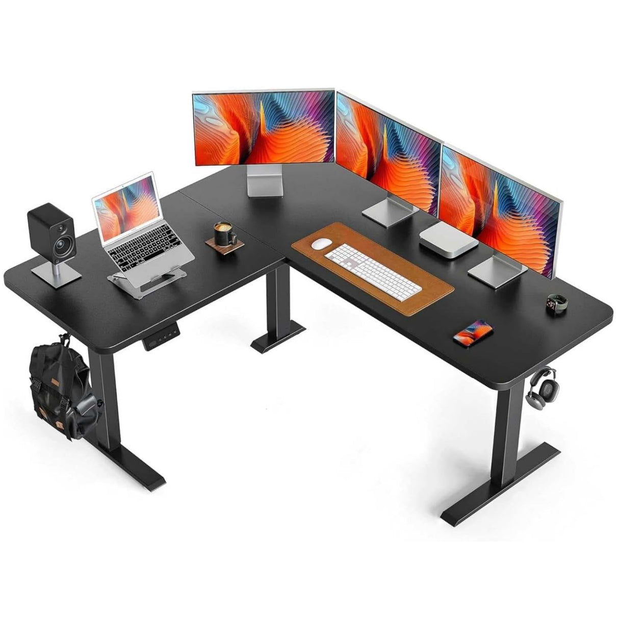 FEZIBO L Shaped Standing Desk, 63" Corner Standing Desk with Electric Adjustable Height, L Shaped Adjustable Desk with Splice Board, Black FEZIBO