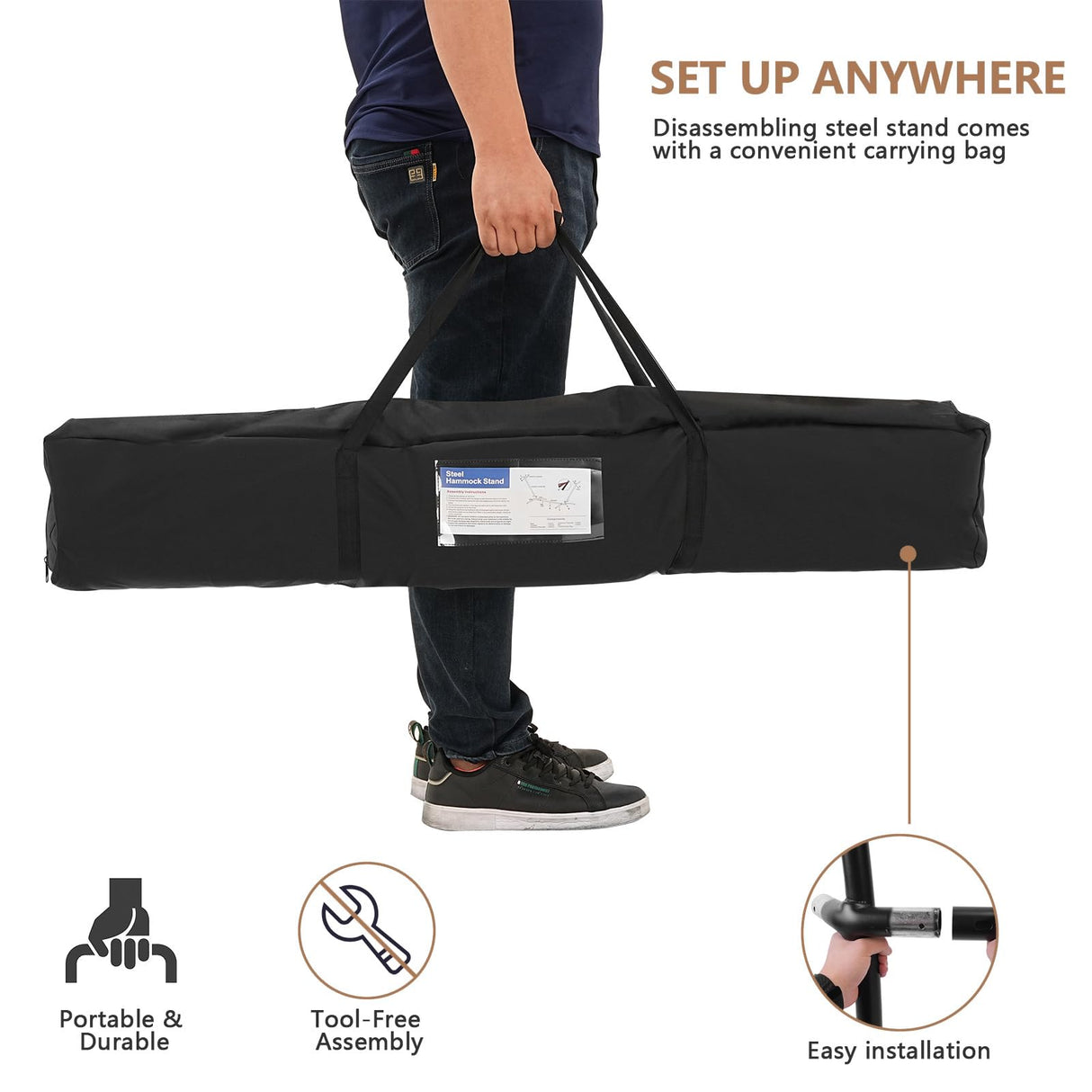 EVLIQUIL Double Hammock with Stand Included 450lb Capacity Space Saving Steel Stand,Premium Carry Bag Included,Suit for Outside,Indoor,Yard,Camping(Coffee). EVLIQUIL